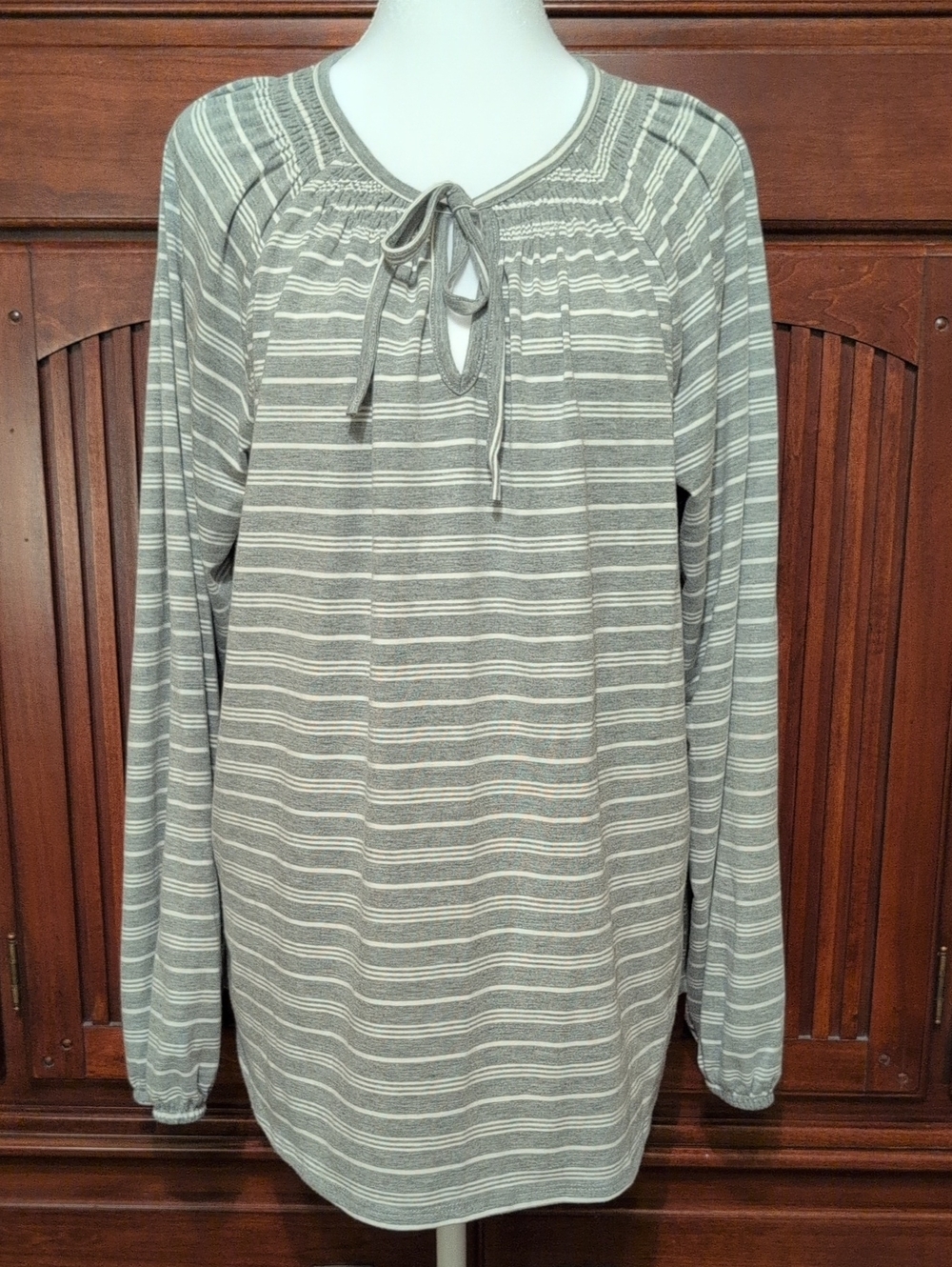 Mason & Belle Striped Tie-Neck Long Sleeve Top - Gray & Cream